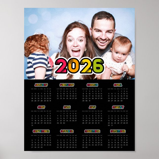 Colourful family photo 2026 Black calendar Poster (Front)