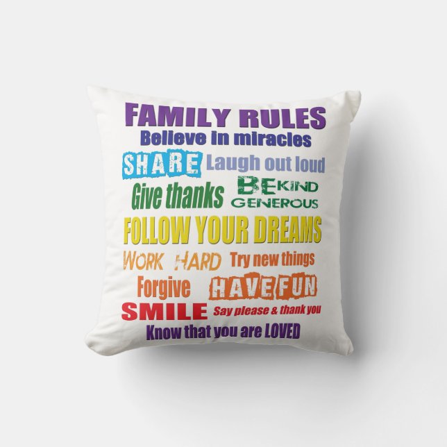 Colourful Family Rules Throw Pillow (Front)
