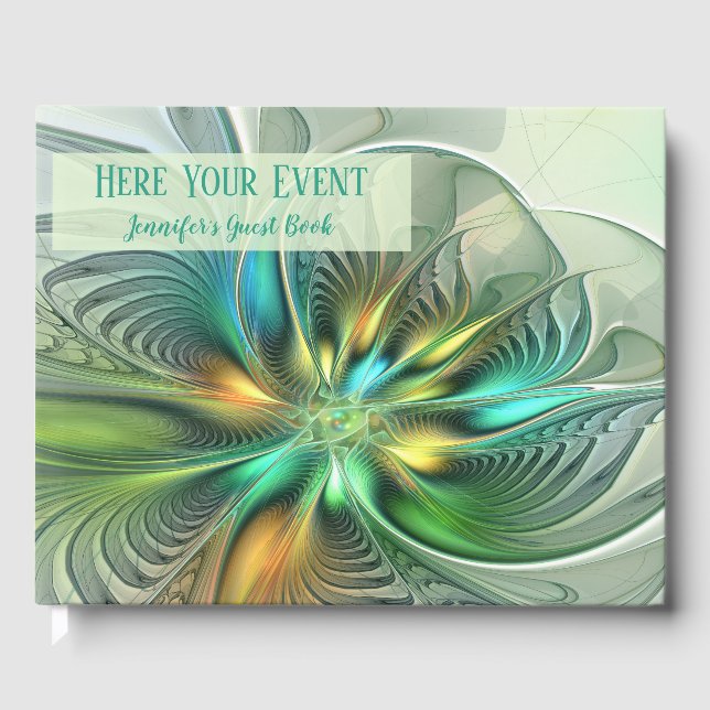 Colourful Fantasy Abstract Flower Fractal Text Guest Book (Front)