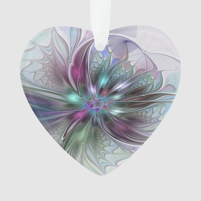 Colourful Fantasy Abstract Fractal Flower Heart Ornament (Front)