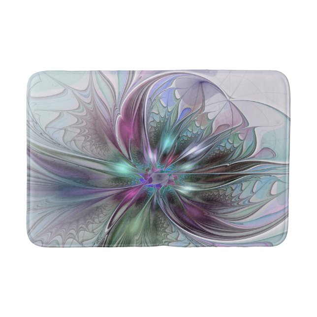 Colourful Fantasy Abstract Modern Fractal Flower Bath Mat (Front)
