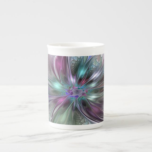 Colourful Fantasy Abstract Modern Fractal Flower Bone China Mug (Front)