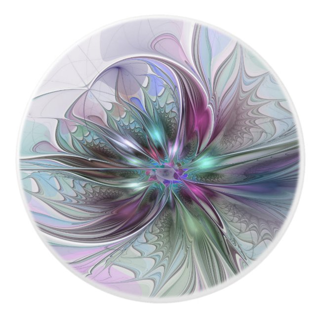 Colourful Fantasy Abstract Modern Fractal Flower Ceramic Knob (Front)