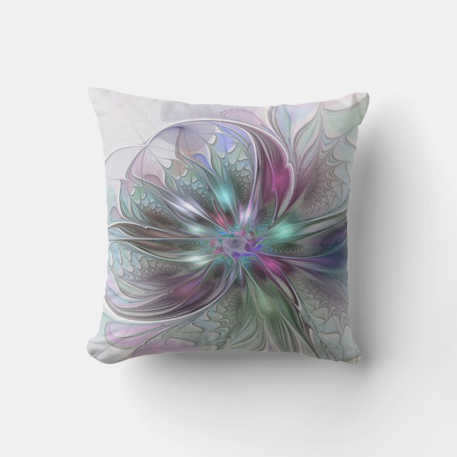 Colourful Fantasy Abstract Modern Fractal Flower Cushion (Front)