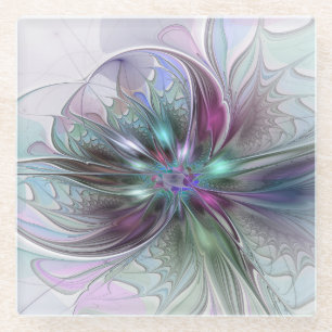 Colourful Fantasy Abstract Modern Fractal Flower Glass Coaster