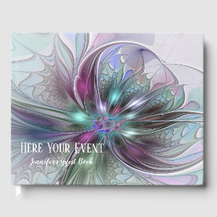 Colourful Fantasy Abstract Modern Fractal Flower Guest Book