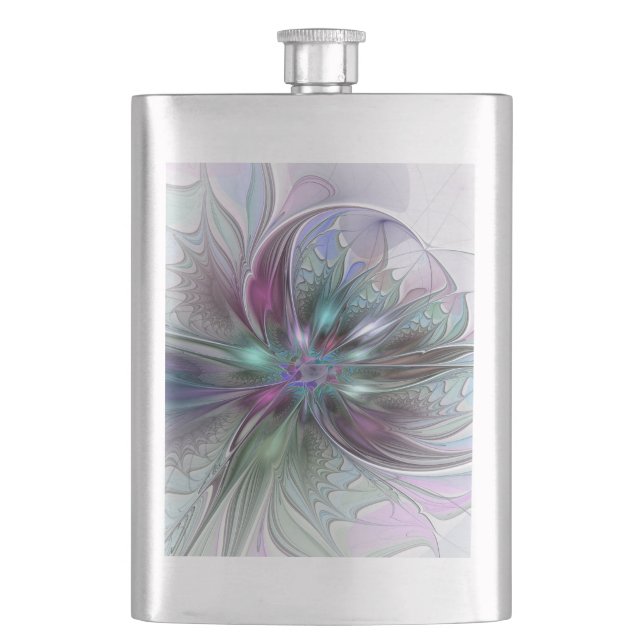 Colourful Fantasy Abstract Modern Fractal Flower Hip Flask (Front)