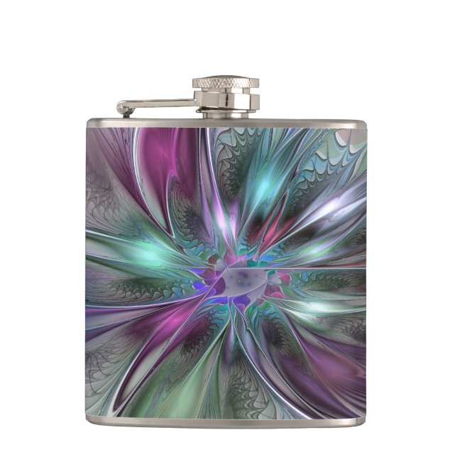 Colourful Fantasy Abstract Modern Fractal Flower Hip Flask (Front)