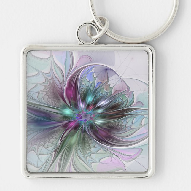 Colourful Fantasy Abstract Modern Fractal Flower Key Ring (Front)