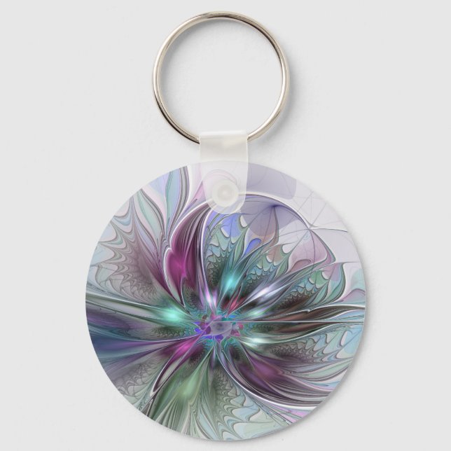 Colourful Fantasy Abstract Modern Fractal Flower Key Ring (Front)