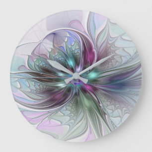 Colourful Fantasy Abstract Modern Fractal Flower Large Clock