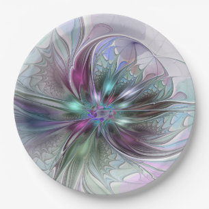 Colourful Fantasy Abstract Modern Fractal Flower Paper Plate