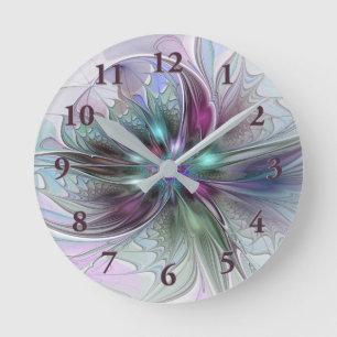 Colourful Fantasy Abstract Modern Fractal Flower Round Clock