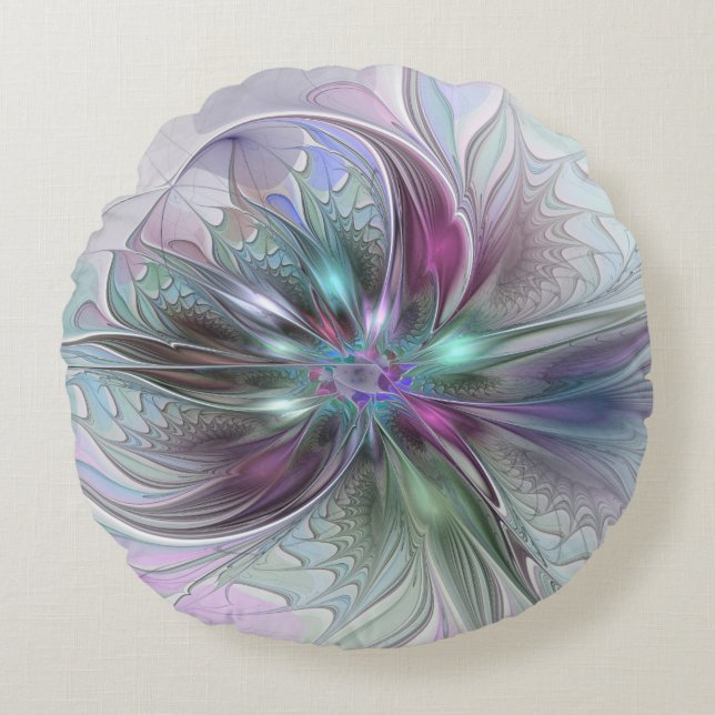 Colourful Fantasy Abstract Modern Fractal Flower Round Cushion (Front)