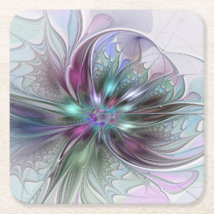 Colourful Fantasy Abstract Modern Fractal Flower Square Paper Coaster