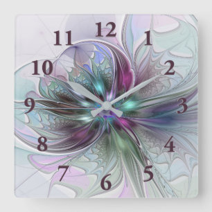 Colourful Fantasy Abstract Modern Fractal Flower Square Wall Clock