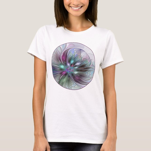 Colourful Fantasy Abstract Modern Fractal Flower T-Shirt (Front)