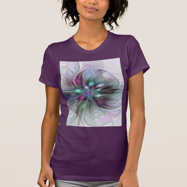 Colourful Fantasy Abstract Modern Fractal Flower T-Shirt (Front)