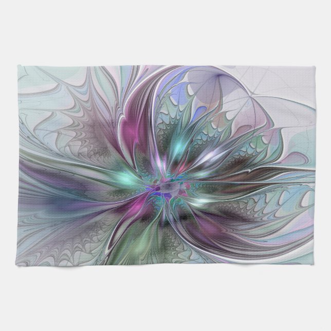 Colourful Fantasy Abstract Modern Fractal Flower Tea Towel (Horizontal)