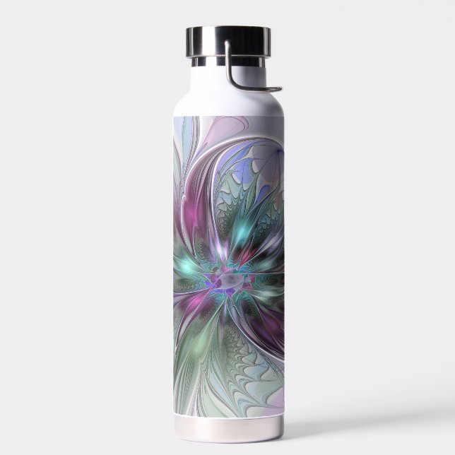 Colourful Fantasy Abstract Modern Fractal Flower Water Bottle (Left)