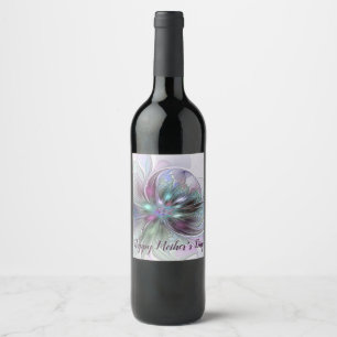 Colourful Fantasy Abstract Modern Fractal Flower Wine Label