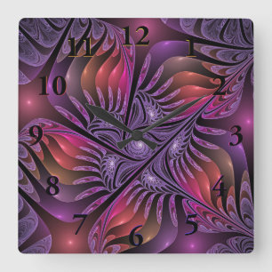 Colourful Fantasy Abstract Modern Purple Fractal Square Wall Clock
