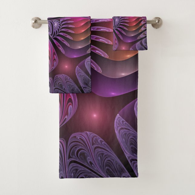 Colourful Fantasy Abstract Trippy Purple Fractal Bath Towel Set (Insitu)