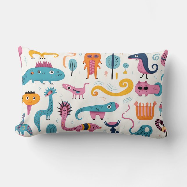 Colourful fantasy creatures on white lumbar cushion (Front)