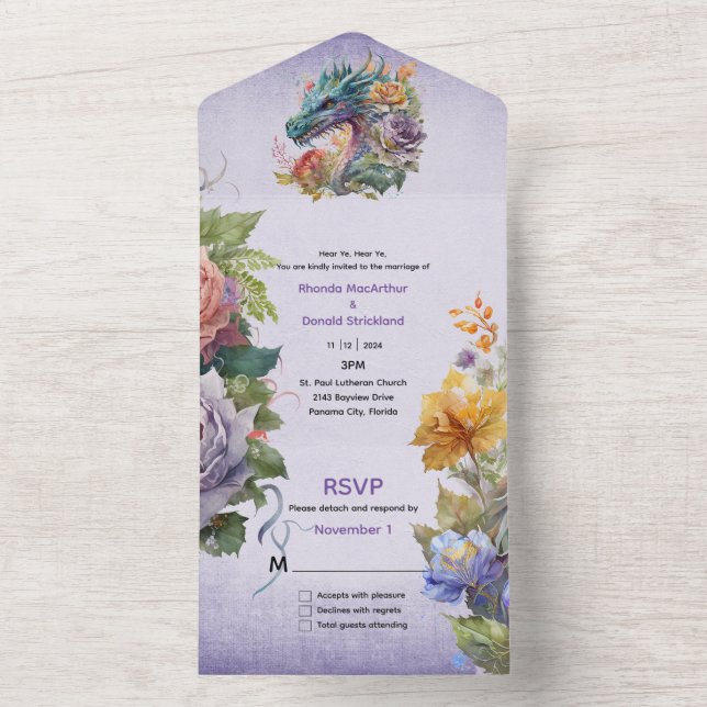 Colourful Fantasy Dragon Wedding  All In One Invitation (Inside)