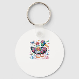 Colourful Fantasy Duck with Flowers and Butterflie Key Ring