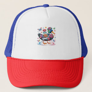Colourful Fantasy Duck with Flowers and Butterflie Trucker Hat