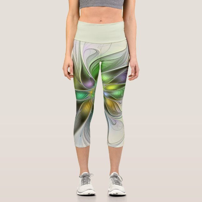 Colourful Fantasy Flower Modern Abstract Fractal Capri Leggings (Front)