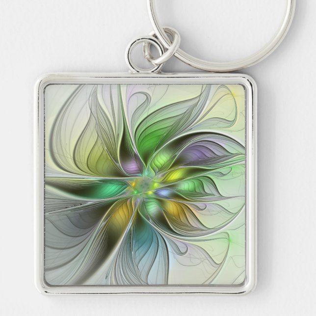 Colourful Fantasy Flower Modern Abstract Fractal Key Ring (Front)