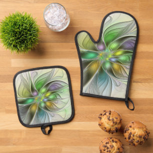 Colourful Fantasy Flower Modern Abstract Fractal Oven Mitt & Pot Holder Set