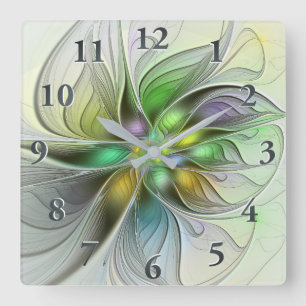 Colourful Fantasy Flower Modern Abstract Fractal Square Wall Clock