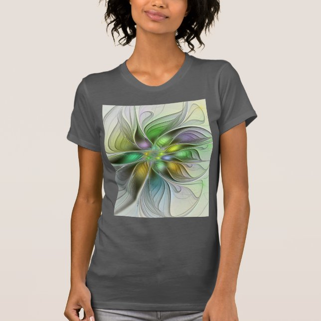 Colourful Fantasy Flower Modern Abstract Fractal T-Shirt (Front)