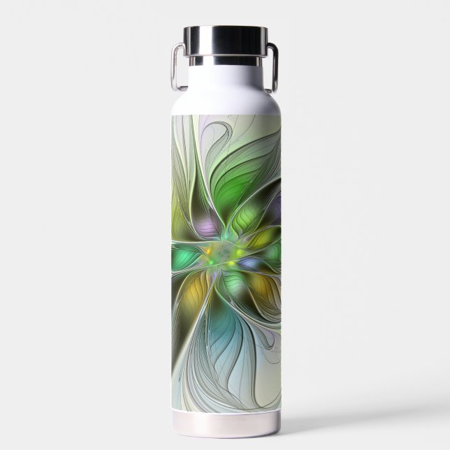 Colourful Fantasy Flower Modern Abstract Fractal Water Bottle (Front)