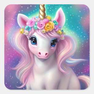 Colourful Fantasy Kawaii Unicorn  Square Sticker