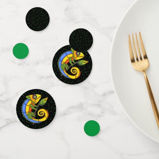 Colourful Fantasy Lizard on Branch Green Dots Confetti (Group)