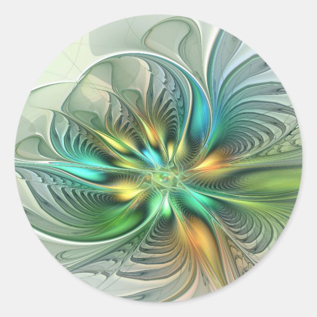 Colourful Fantasy Modern Abstract Flower Fractal Classic Round Sticker (Front)