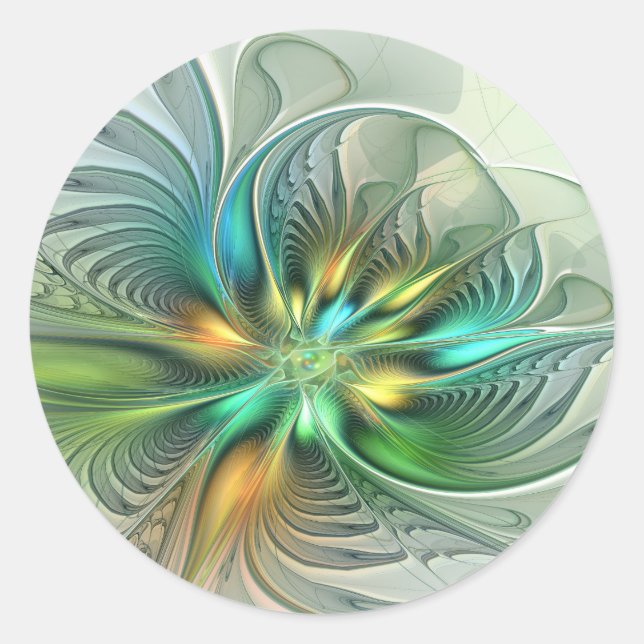 Colourful Fantasy Modern Abstract Flower Fractal Classic Round Sticker (Front)