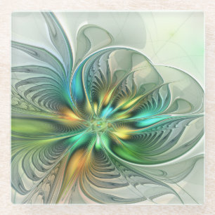 Colourful Fantasy Modern Abstract Flower Fractal Glass Coaster