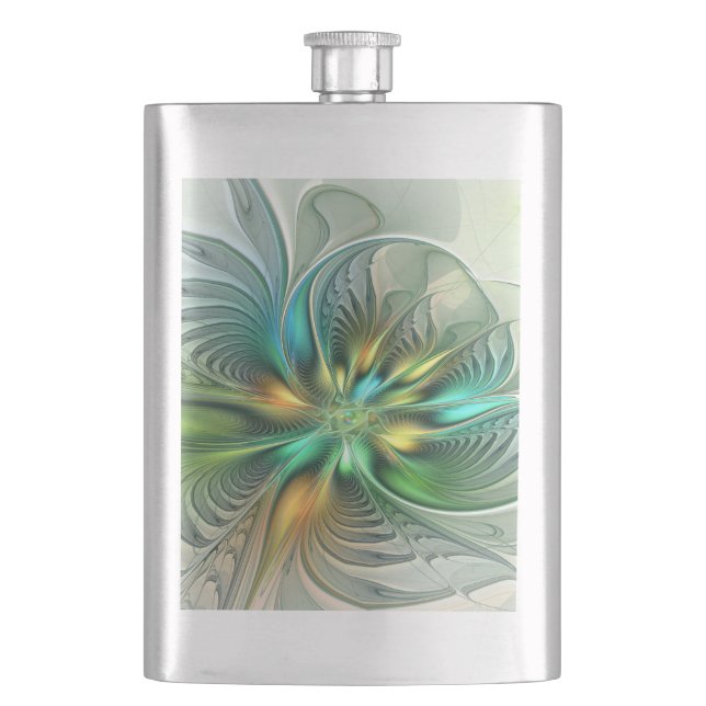 Colourful Fantasy Modern Abstract Flower Fractal Hip Flask (Front)
