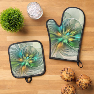 Colourful Fantasy Modern Abstract Flower Fractal Oven Mitt & Pot Holder Set