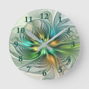 Colourful Fantasy Modern Abstract Flower Fractal Round Clock