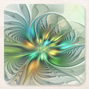 Colourful Fantasy Modern Abstract Flower Fractal Square Paper Coaster