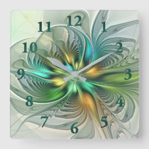 Colourful Fantasy Modern Abstract Flower Fractal Square Wall Clock