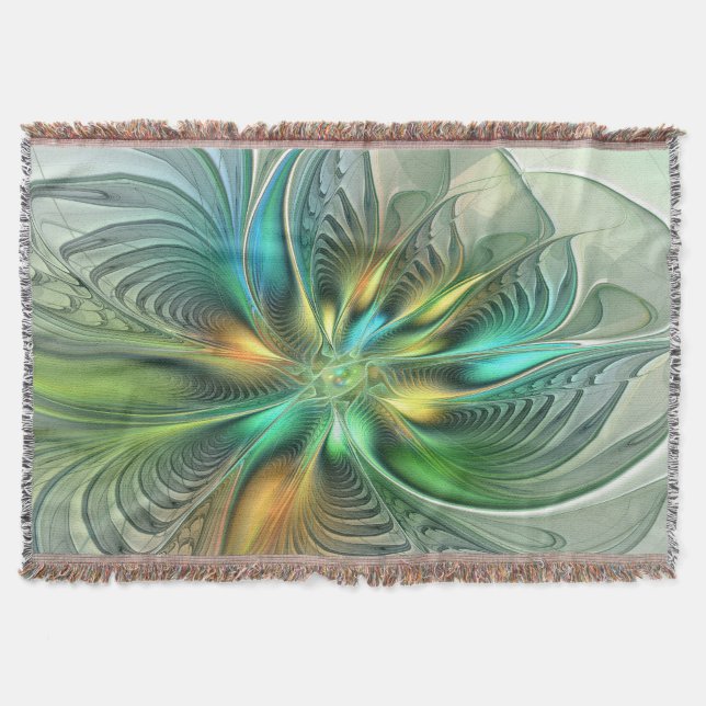 Colourful Fantasy Modern Abstract Flower Fractal Throw Blanket (Front)