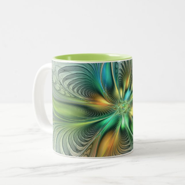 Colourful Fantasy Modern Abstract Flower Fractal Two-Tone Coffee Mug (Front Left)