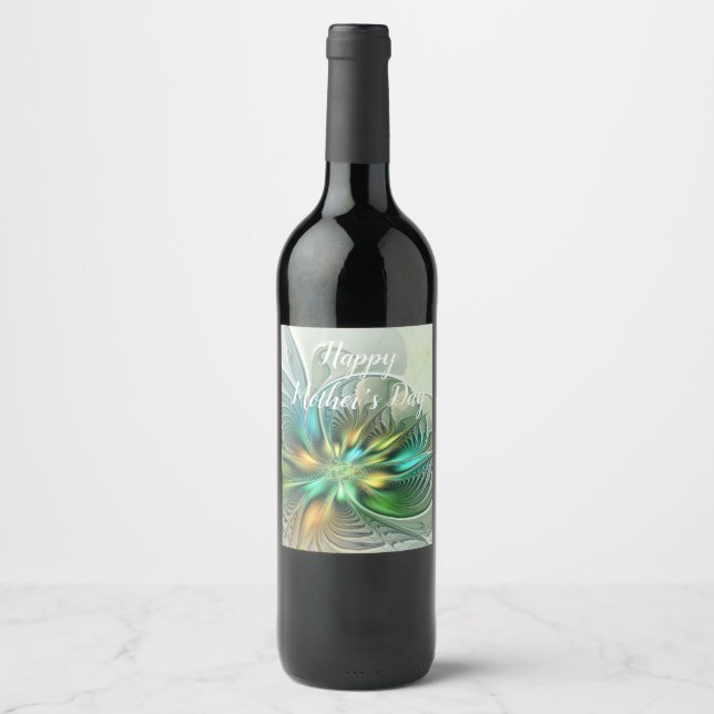 Colourful Fantasy Modern Abstract Flower Fractal Wine Label (Front)